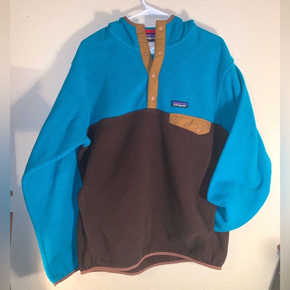 PATAGONIA SYNCHILLA SNAP-T HOODY men’s Large java brown and Tobago blue